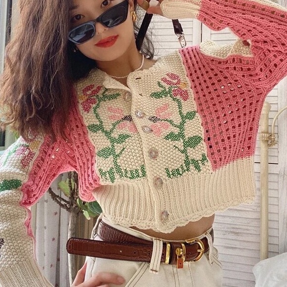 Floral cardigan pink sweater crochet style look knit cream beige - Picture 2 of 8